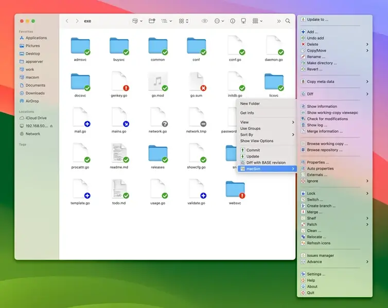 macSvn contextual menu for container
