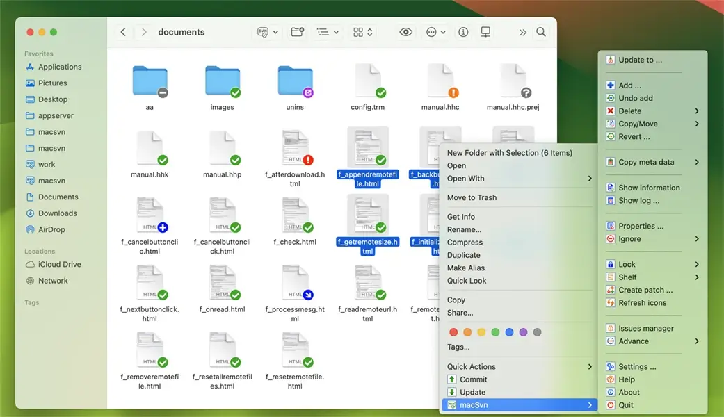 macSvn contextual menu for selected items